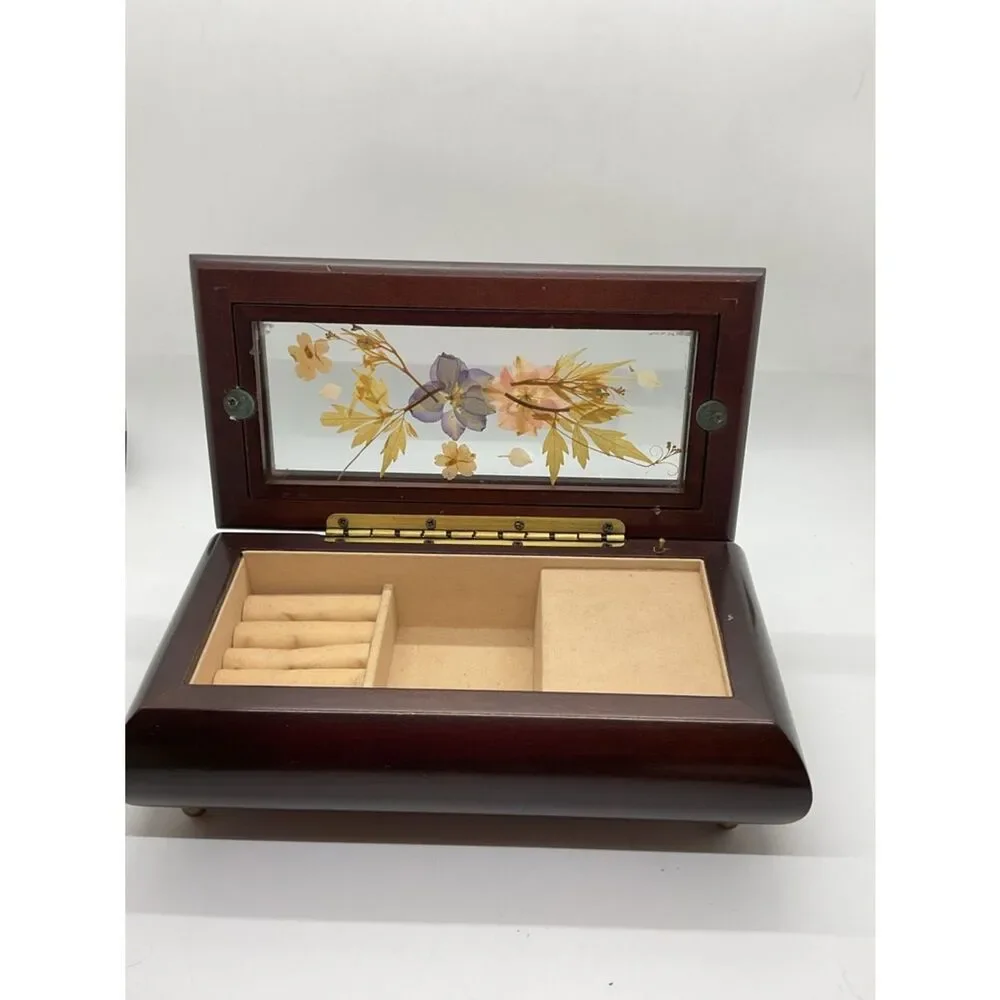 Vintage Bombay Company Floral Inlay Wooden Music Box - Plays Love story